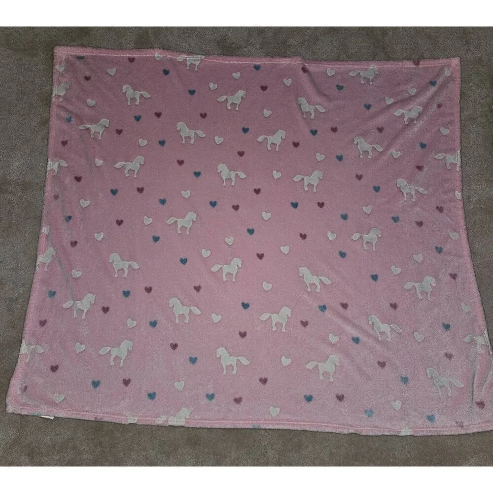 Pink White Horse Heart Blanket Regal Comfort Glow In The Dark Luxury Plush 50x56